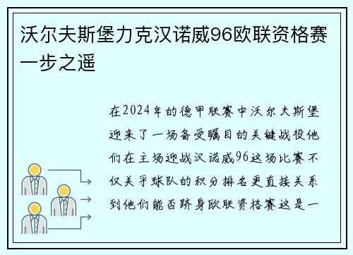 沃尔夫斯堡力克汉诺威96欧联资格赛一步之遥