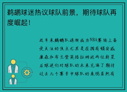鹈鹕球迷热议球队前景，期待球队再度崛起！