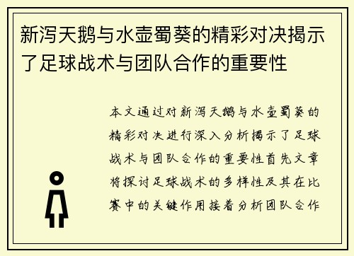 新泻天鹅与水壶蜀葵的精彩对决揭示了足球战术与团队合作的重要性